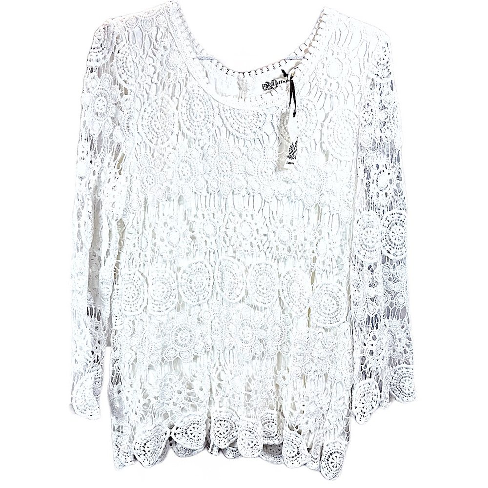 Laffaire Crochet Shabby Chic Button Back Top Cotton White Long Sleeve Sz L NWT